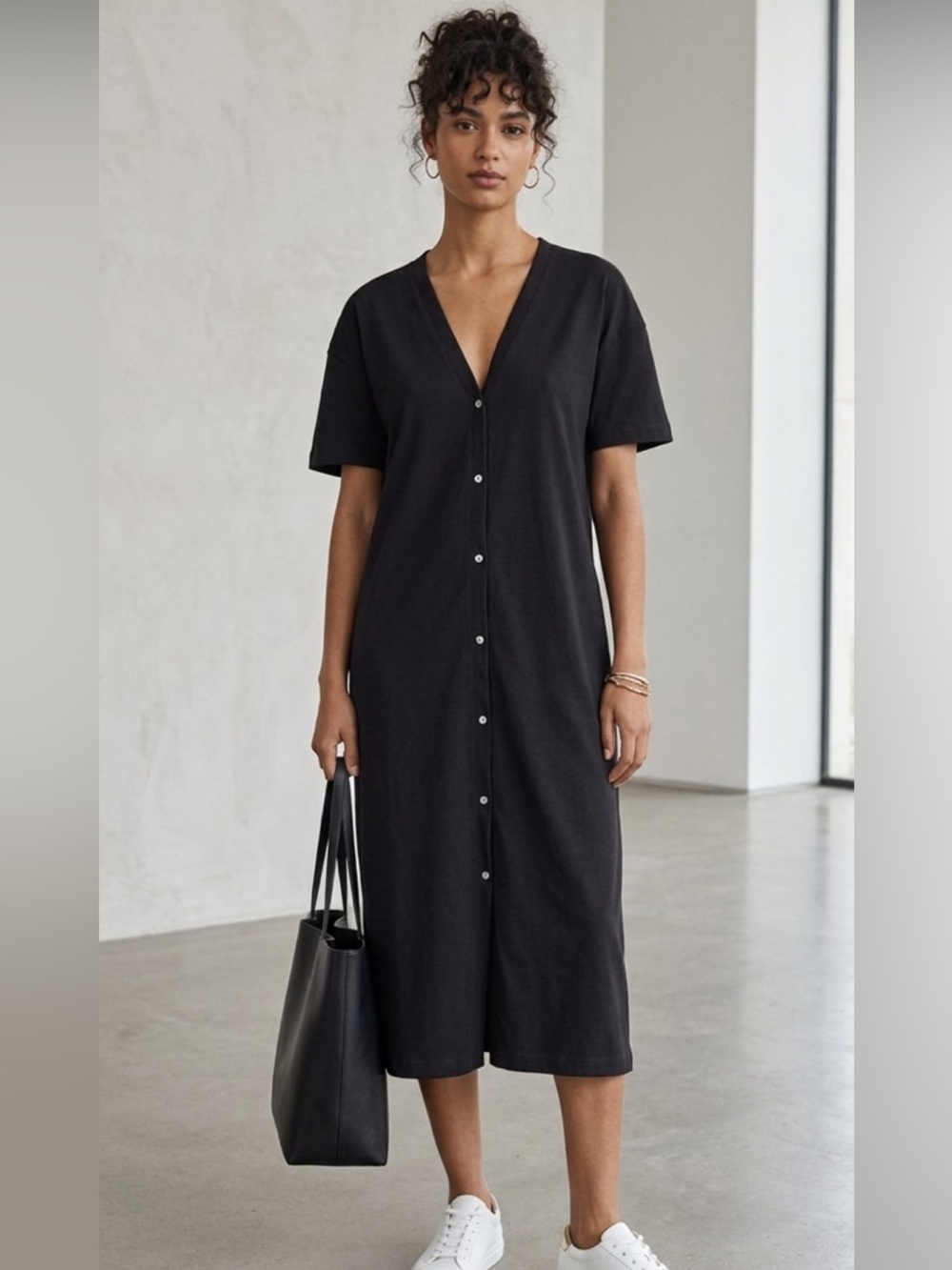 H&M Black Button-Front V-Neck Midi Dress